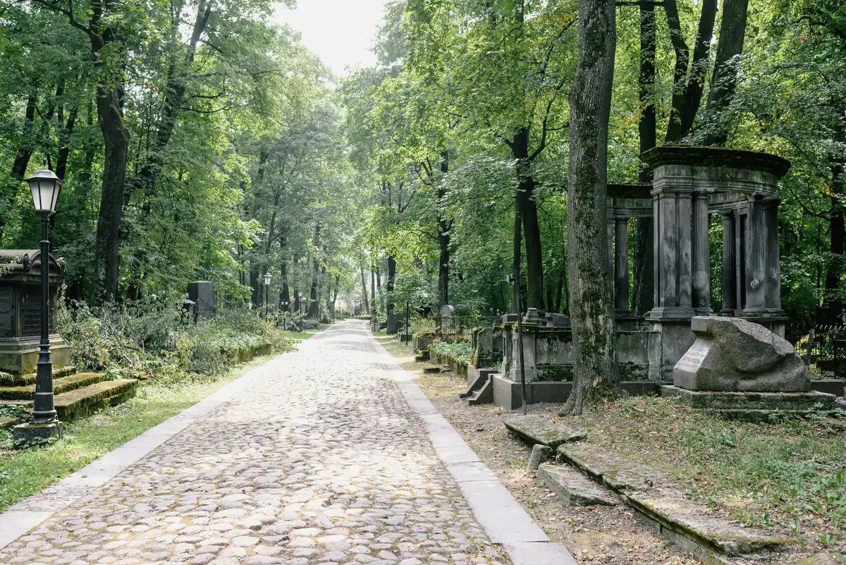 A shaded path through the historic cemetery