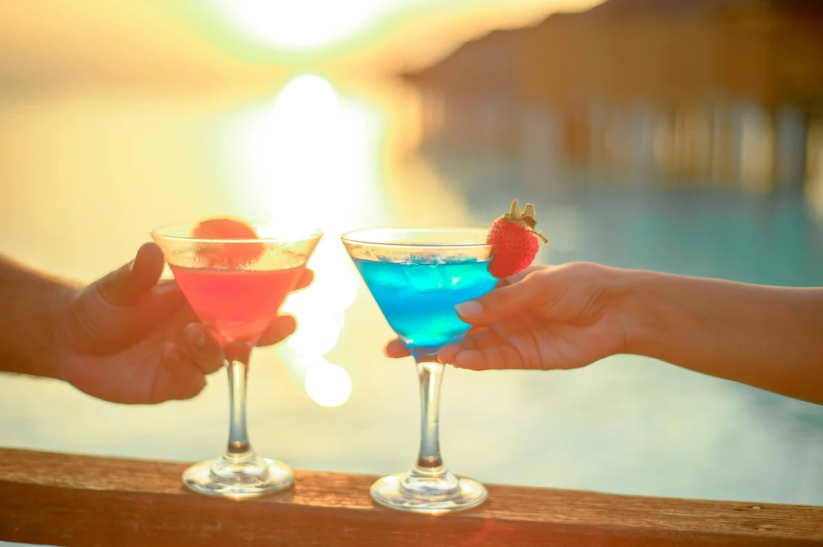 Cocktail at a Key West rooftop bar at golden hour