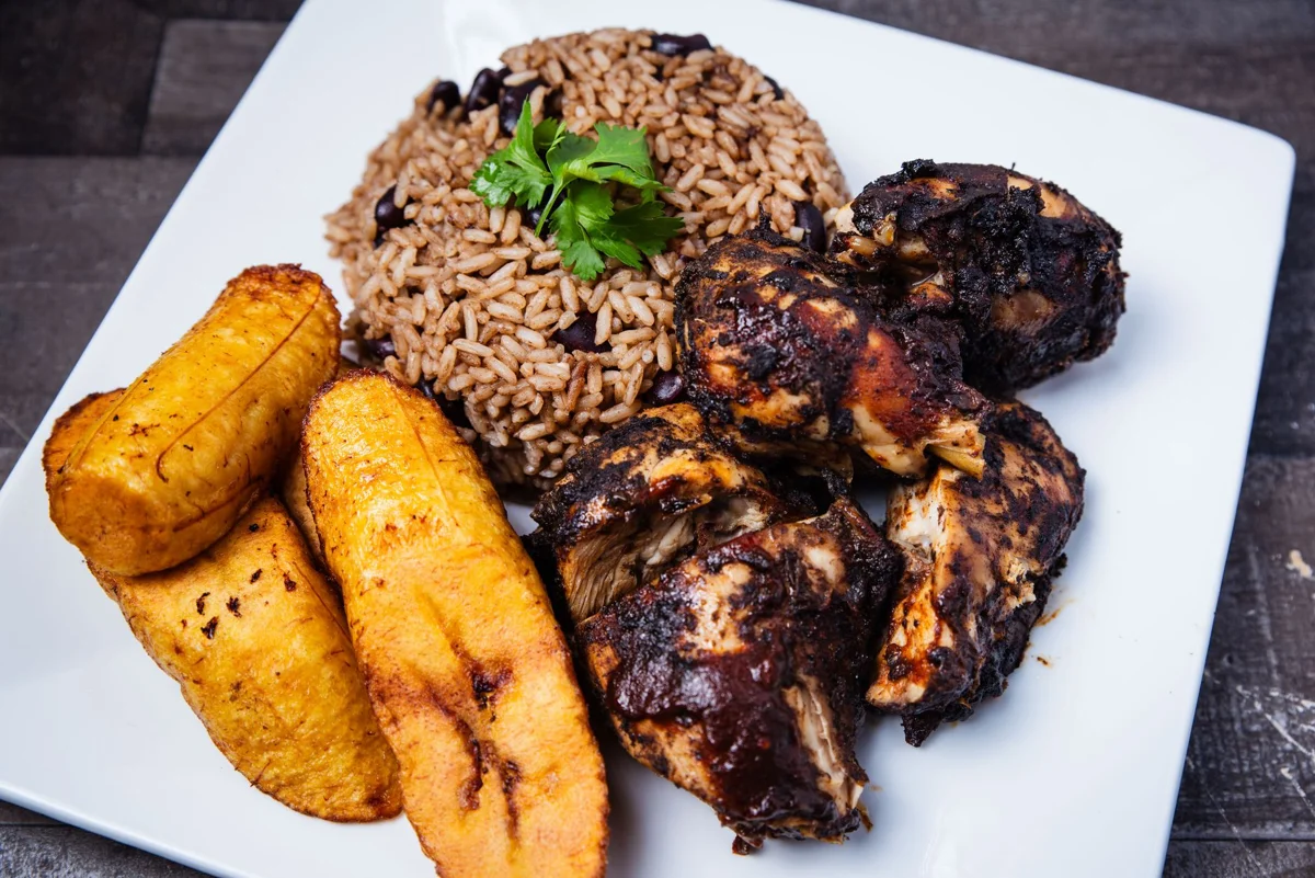 Classic Cuban plate with black beans, rice, and plantains in Key West