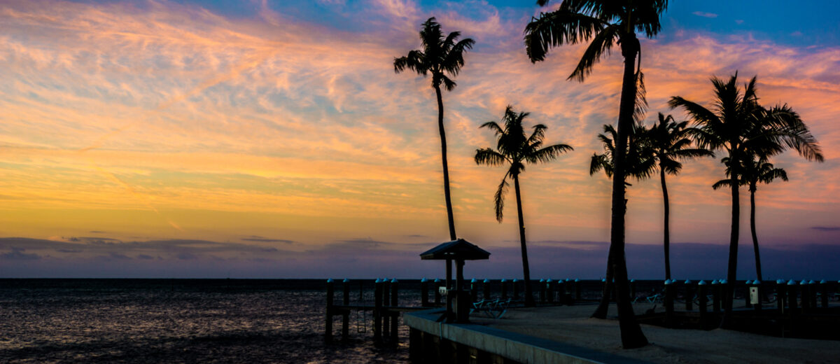 Palm trees silhouetted against an orange and blue sunset over Florida Bay from a pier in Islamorada