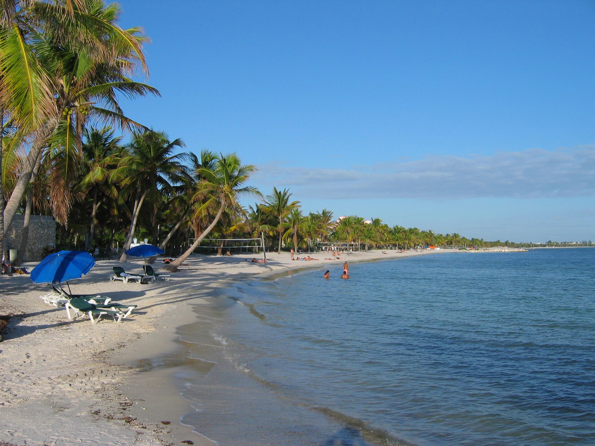 Swimmers standing waist-deep in calm blue water off a palm-lined white-sand beach with blue umbrellas and loungers